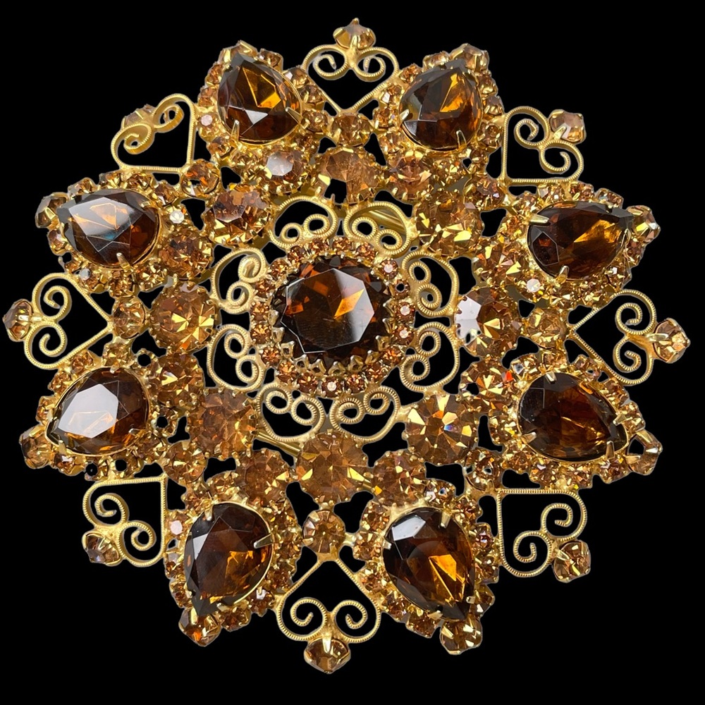 Gigantic Juliana Brown Rhinestone Belt Buckle Heart Scroll Vintage Gold Tone